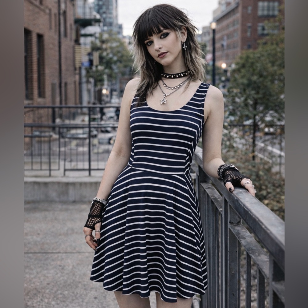 Mossimo Black White Striped Skater Dress Medium Casual Emo Goth